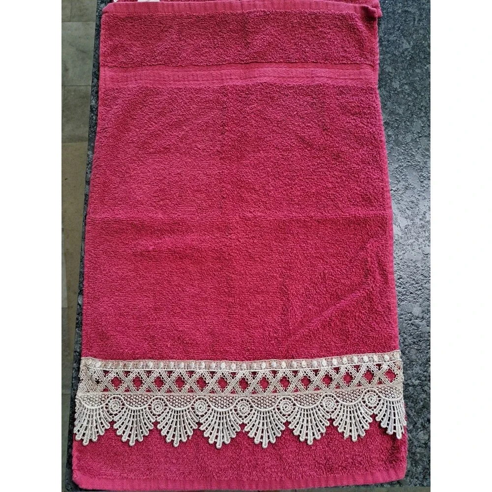Vintage Burgundy Hand Towels & Washcloths (2 Each) with Cream Lace